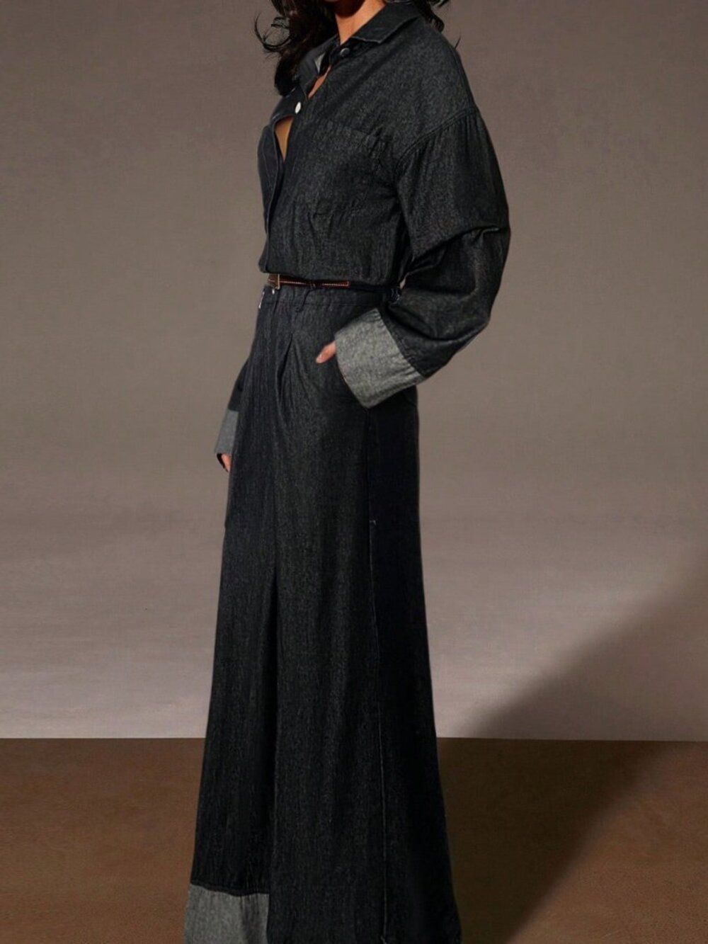 Black Casual Women's Denim Button Pocket Long Sleeve Denim Jumpsuit
